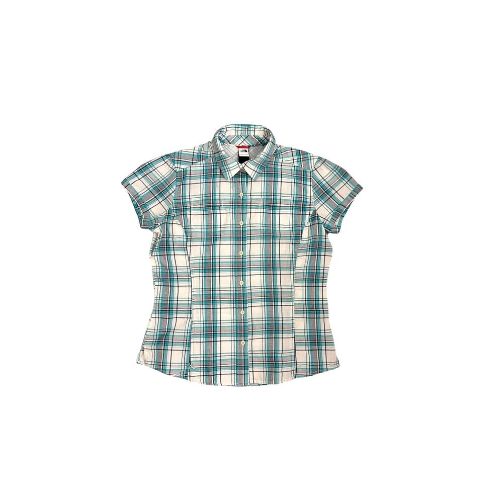 The North Face White Teal Vented Plaid Camp Button Down Shirt Women's Large